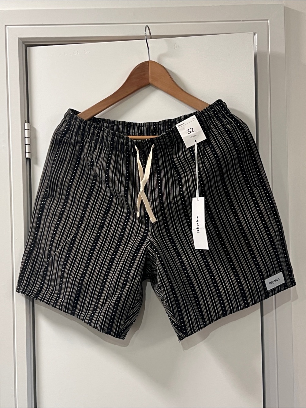 Rhythm. Black and Cream Striped Men’s Drawstring Athletic Shorts